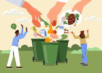 Food waste. Big hands throw leftovers of dishes into trash. Get rid of expired products. Excessive consumption. Taking care of environment. Cartoon flat vector illustration isolated on pink background