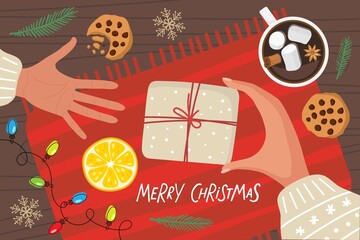 Baby hand taking gift. Mom gives Christmas present to child. Gift Transfer. Two human hands with warm knitted sleeves on festive background For Holiday banner, poster or card. Flat Vector illustration