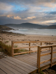 Fototapeta na wymiar Balares beach at sunset with beautiful landscape in Galicia, Spain