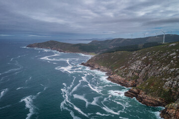 Drone aerial panoramic view of Moreira beach and green landscape in Galicia, Spain