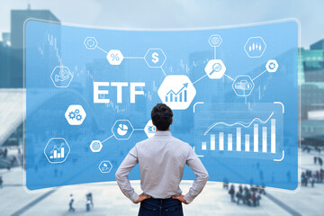 ETF Exchange-Traded Funds investment with investor building a portfolio of financial assets on market such as stock, bonds, commodities, currencies. Capital management and finance. - obrazy, fototapety, plakaty