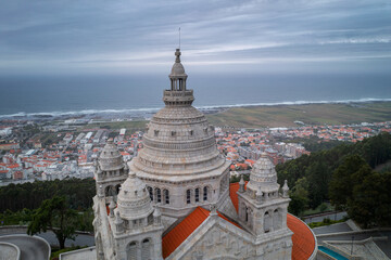 Santa Luzia church sanctuary drone aerial view in Viana do Castelo and atlantic ocean on the background, in Portugal