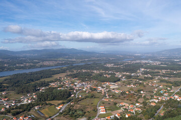 Fototapeta premium Vila Nova de Cerveira drone aerial view with Minho river and Spain on the other side of the river