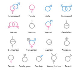 Set of gender vector symbols. Sexual orientation signs. Diversity of genders in graphic icons in a flat style isolated on white background.