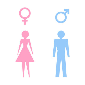 Male and female figures and gender signs. Silhouettes of a man and a woman. WC icon toilet and restroom, vector illustration.