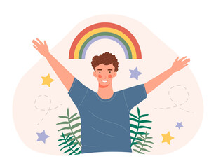 Happy man holding rainbow. Boy with sweet smile and spread arms. Kind character with positive mood relaxes and meditates. Cartoon contemporary flat vector illustration isolated on pink background