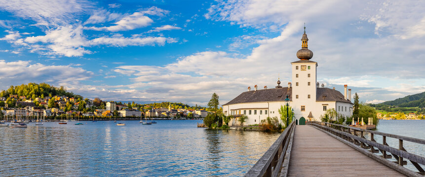  Austrian castle situated in the Traunsee lake, in Gmunden, Panoramic View