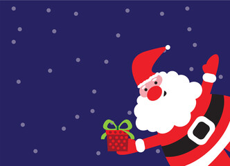 Santa Claus and gifts, New Year's greetings, with free space and snowflakes falling from the sky