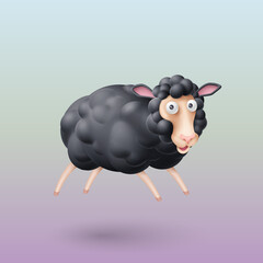 Ram with Curls and Horns. Funny Black Sheep or Ram on White Background. Cartoon Illustration for Funny Animals Kids Book