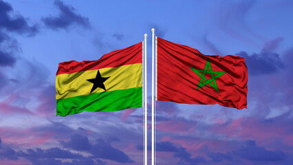 Morocco and Cameroon flag waving in the wind against white cloudy blue sky together. Diplomacy concept, international relations
