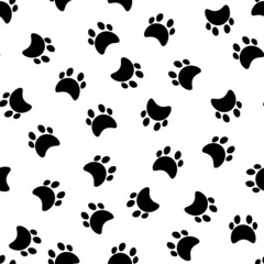 Flat cartoon animal footprint silhouette seamless pattern. Cat or dog foot, unknown animal. Black print paw trace. Vector illustration. Trendy style design