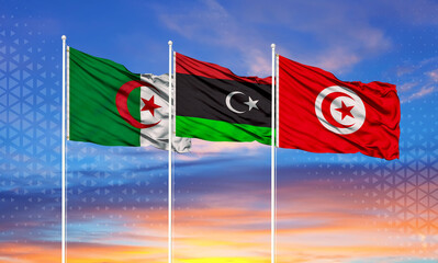 Flag of Tunisia, Morocco and Algeria. Three countries of the Moroccan Union