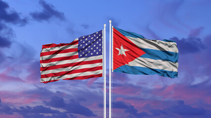 Two waving state flags of United States and Philippines on the blue sky. High - quality business background.
