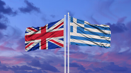United Kingdom and Greece flag waving in the wind against white cloudy blue sky together. Diplomacy concept, international relations