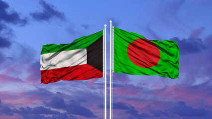 Kuwait and Bangladesh two flags on flagpoles and blue sky