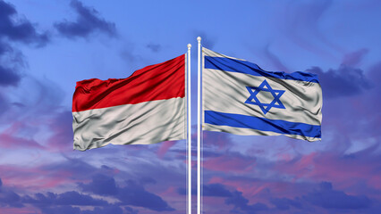 Indonesia and Israel two flags on flagpoles and blue cloudy sky