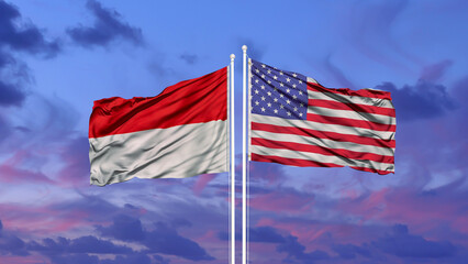 Indonesia and United States two flags on flagpoles and blue cloudy sky