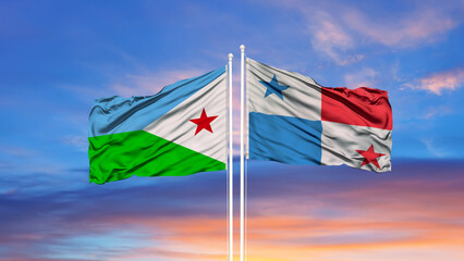 Fototapeta premium Panama and Djibouti flag on a flagpole with sky background