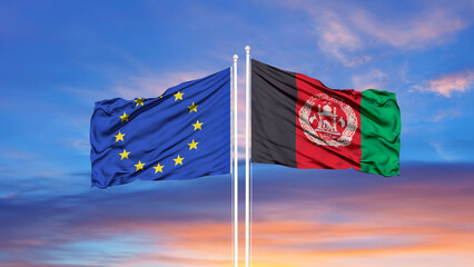 Afghanistan and European Union two flags on flagpoles and blue cloudy sky