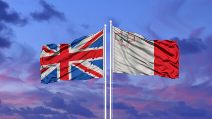 United Kingdom and Malta flag waving in the wind against white cloudy blue sky together. Diplomacy concept, international relations