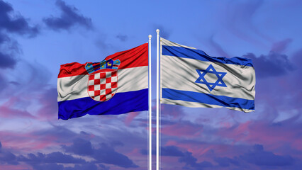 Israel and Croatia two flags on flagpoles and blue cloudy sky