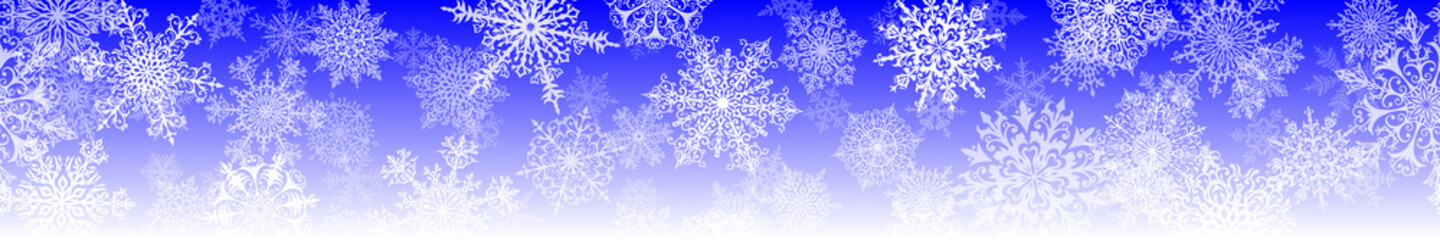 Christmas horizontal  banner of big and small complex snowflakes with seamless horizontal repetition, in blue colors. Winter background with falling snow