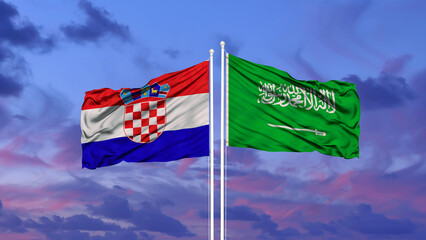 Saudi Arabia and Croatia two flags on flagpoles and blue cloudy sky