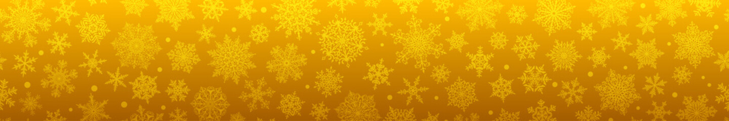 Christmas horizontal  banner of big and small complex snowflakes with seamless horizontal repetition, in yellow colors. Winter background with falling snow