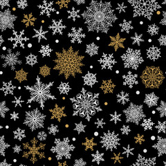 Christmas seamless pattern of big and small complex snowflakes in black, white and yellow colors. Winter background with falling snow