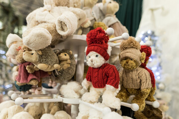 Close up of Christmas decorations with plush toys in red brown and white colors