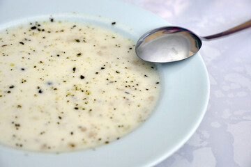 pot of hot yogurt soup, Turkish style highland soup,