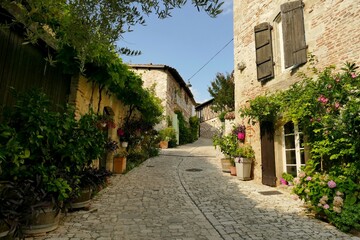 Fototapeta na wymiar Rue pavée dans le village médiéval de Penne-d’Agenais