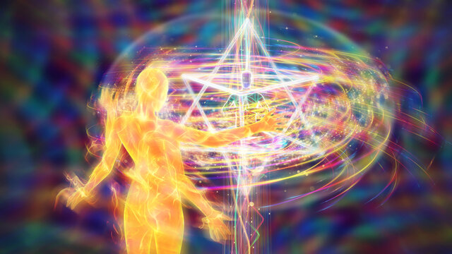 3d illustration of a fiery demiurge interacting with a person meditating on merkaba