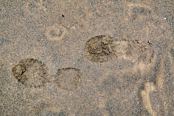 Fototapeta na wymiar Footprints of men's shoes on the wet sand close-up.