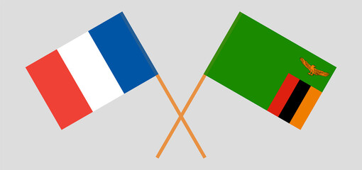 Crossed flags of France and Republic of Zambia. Official colors. Correct proportion