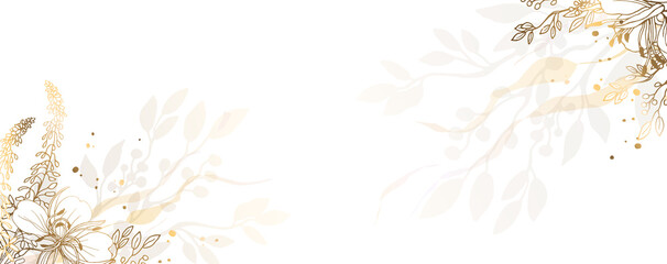 Luxurious golden wallpaper. Banner with flowers. Watercolor stains on a white background. Shiny flowers and twigs. Vector file.
