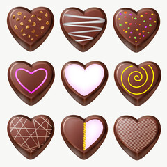 Set of realistic delicious chocolates. Chocolate heart in colorful glaze and heart of white chocolate with decor and candy.