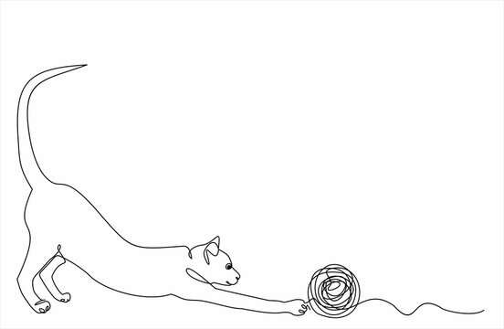 Cat playing toy ball one line drawing vector illustration
