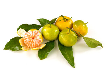 Fresh , green-yellow colors mandarin or tangerines. isolated on white background.