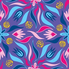 Multicolored floral endless patterns on a purple background, seamless stylized plants.