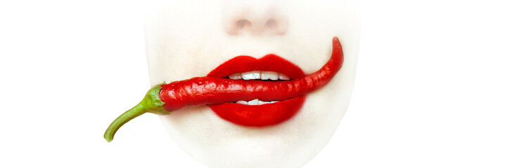 Banner. Bright lips of a woman and chili peppers. Red lipstick.Beautiful sexy woman biting red hot...