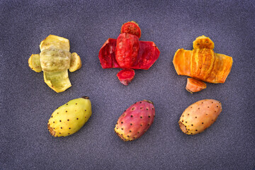 Prickly pear . ( Cactus fig )  Various colors, white, red, orange and inside view