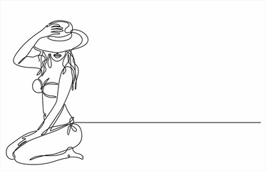 beautiful slender young woman. She laid her hands on her hat-continuous line drawing