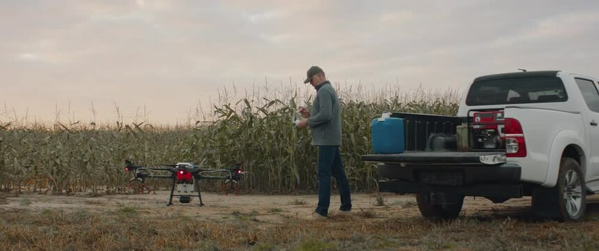 Farmer controlling a huge intelligent agriculture drone with spray nozzles near corn field early in the morning
