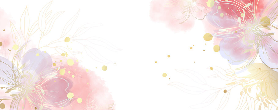Luxurious golden wallpaper. Banner with flowers. Watercolor pink, blue, lilac spots on a white background. Shiny flowers and twigs. Vector file.
