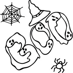 Hand drawn vector illustration for halloween with holiday symbols. Suitable for greeting cards, posters and holiday designs. Doodle style.