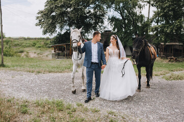 A stylish groom in a blue suit and a beautiful bride in a white dress are walking with a white and black horse through the village. Wedding photography.