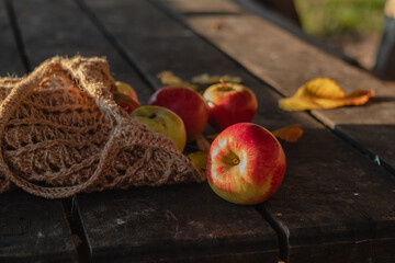 Knitted eko bag with ripe red apples on a wooden table in an orchard. - obrazy, fototapety, plakaty