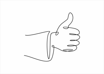 One line drawing of hand showing great sign. Continuous line finger up.