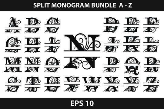 Split Monogram Letter, Set of letters to create monogram. Monogram alphabet. Vector illustration.Set of initial decorative plant monogram split letter vector
